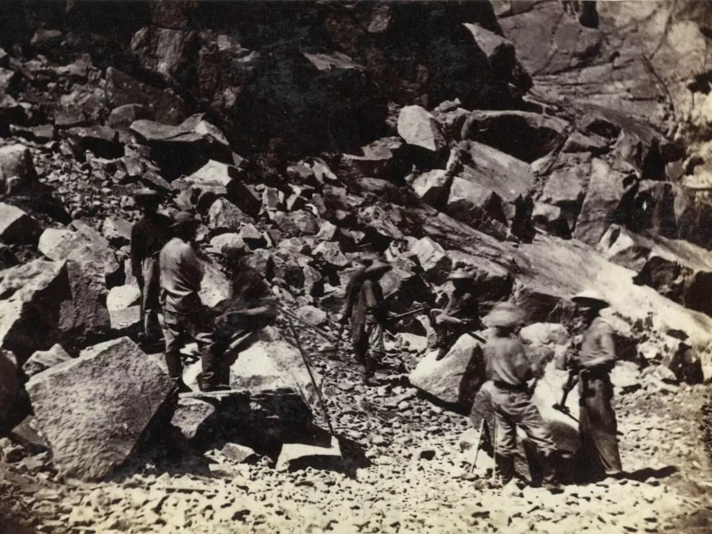 Chinese railroad workers in the Sierra Nevadas. 1862-1869. Alfred A. Hart Photographs, Department of Special Collections, Stanford University Libraries.